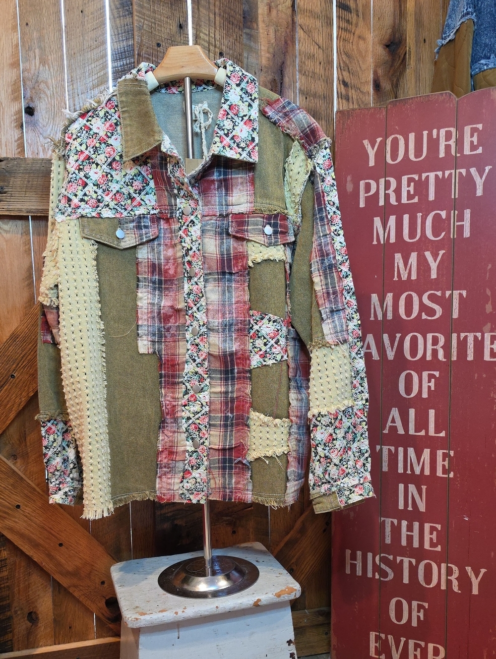 106p POL Patchwork Floral & Plaid Shirt Jacket - Olive, Red, Cream